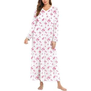 imageEkouaer Womens Velvet Nightgowns Long Sleeve Printed Sleepwear Velour Full Length Sleep ShirtsPink Flower