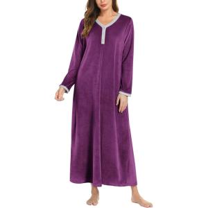 imageEkouaer Womens Velvet Nightgowns Long Sleeve Printed Sleepwear Velour Full Length Sleep ShirtsPurple