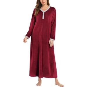 imageEkouaer Womens Velvet Nightgowns Long Sleeve Printed Sleepwear Velour Full Length Sleep ShirtsWine Red