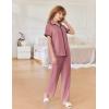 imageEkouaer Women Pajamas Set Button Down Notch Collar Soft Short Sleeve Pjs Set with Long Pant Set Lounge SetDark Pink
