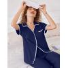 imageEkouaer Women Pajamas Set Button Down Notch Collar Soft Short Sleeve Pjs Set with Long Pant Set Lounge SetNavy Blue