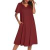 imageEkouaer Nightgowns for Women Short Sleeve Night Gown Pleated Sleepshirt V Neck Nightshirt Soft Sleepdress with PocketsWine Red