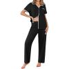 imageEkouaer Women Pajamas Set Button Down Notch Collar Soft Short Sleeve Pjs Set with Long Pant Set Lounge SetBlack