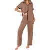 imageEkouaer Women Pajamas Set Button Down Notch Collar Soft Short Sleeve Pjs Set with Long Pant Set Lounge SetBrown