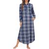 imageEkouaer Womens Cotton Nightgown Long Sleeve Plaid Sleep Shirts Button Down Sleepwear with PocketsBlue Gray Plaid