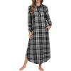 imageEkouaer Womens Cotton Nightgown Long Sleeve Plaid Sleep Shirts Button Down Sleepwear with PocketsGray Black Plaid