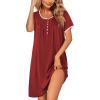 imageEkouaer Womens Nightgown Short Sleeve Sleepshirts Lace Nightshirts Button Down Sleep Dress with Pockets Casual SleepwearWine Red