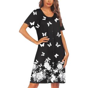 imageEkouaer House Dresses for Women Button Down Nightgowns Short Sleeve Pleated Snap Front Mumu Dress Butterfly XL