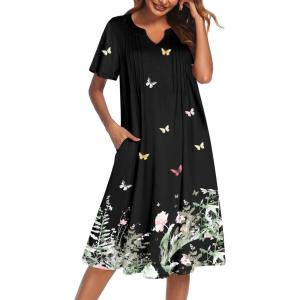 imageEkouaer Nightgowns for Women Short Sleeve Night Gown Pleated Sleepshirt V Neck Nightshirt Soft Sleepdress with PocketsBlack Butterfly