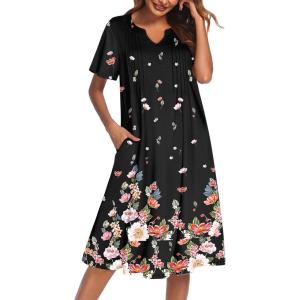 imageEkouaer Nightgowns for Women Short Sleeve Night Gown Pleated Sleepshirt V Neck Nightshirt Soft Sleepdress with PocketsBlack Floral