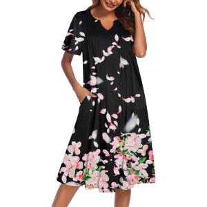 imageEkouaer Nightgowns for Women Short Sleeve Night Gown Pleated Sleepshirt V Neck Nightshirt Soft Sleepdress with PocketsBlack Flower