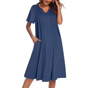 imageEkouaer Nightgowns for Women Short Sleeve Night Gown Pleated Sleepshirt V Neck Nightshirt Soft Sleepdress with PocketsBlue