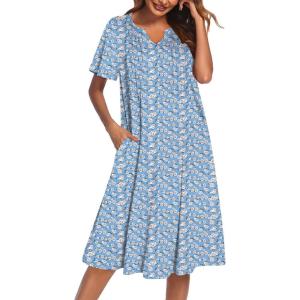 imageEkouaer Nightgowns for Women Short Sleeve Night Gown Pleated Sleepshirt V Neck Nightshirt Soft Sleepdress with PocketsBlue Floral