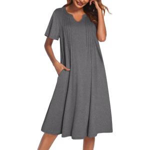 imageEkouaer Nightgowns for Women Short Sleeve Night Gown Pleated Sleepshirt V Neck Nightshirt Soft Sleepdress with PocketsDark Grey