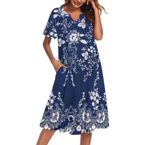 imageEkouaer Nightgowns for Women Short Sleeve Night Gown Pleated Sleepshirt V Neck Nightshirt Soft Sleepdress with PocketsEvening Blue Vines