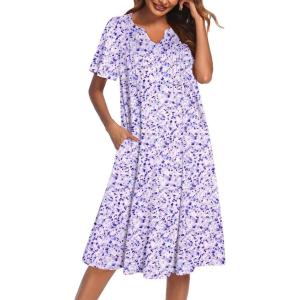 imageEkouaer Nightgowns for Women Short Sleeve Night Gown Pleated Sleepshirt V Neck Nightshirt Soft Sleepdress with PocketsFloral Purple