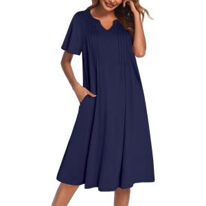 imageEkouaer Nightgowns for Women Short Sleeve Night Gown Pleated Sleepshirt V Neck Nightshirt Soft Sleepdress with PocketsNavy Blue