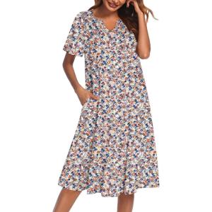 imageEkouaer Nightgowns for Women Short Sleeve Night Gown Pleated Sleepshirt V Neck Nightshirt Soft Sleepdress with PocketsPink Blue Floral