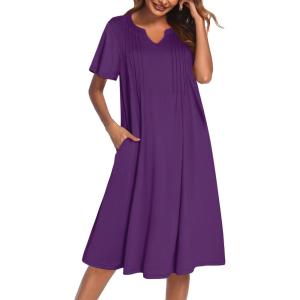 imageEkouaer Nightgowns for Women Short Sleeve Night Gown Pleated Sleepshirt V Neck Nightshirt Soft Sleepdress with PocketsPurple