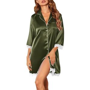 imageEkouaer Satin Nightgowns for Women Button Down Sleepshirt 34 Sleeve Nightshirts Boyfriend SleepwearArmy Green