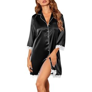 imageEkouaer Satin Nightgowns for Women Button Down Sleepshirt 34 Sleeve Nightshirts Boyfriend SleepwearBlack