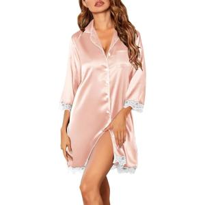 imageEkouaer Satin Nightgowns for Women Button Down Sleepshirt 34 Sleeve Nightshirts Boyfriend SleepwearChampagne