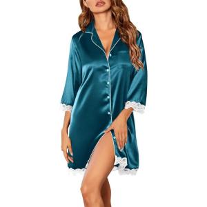 imageEkouaer Satin Nightgowns for Women Button Down Sleepshirt 34 Sleeve Nightshirts Boyfriend SleepwearDark Blue