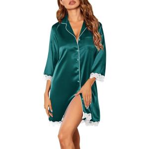 imageEkouaer Satin Nightgowns for Women Button Down Sleepshirt 34 Sleeve Nightshirts Boyfriend SleepwearDark Green
