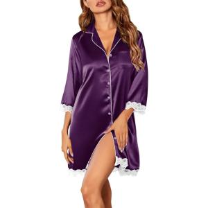 imageEkouaer Satin Nightgowns for Women Button Down Sleepshirt 34 Sleeve Nightshirts Boyfriend SleepwearPurple