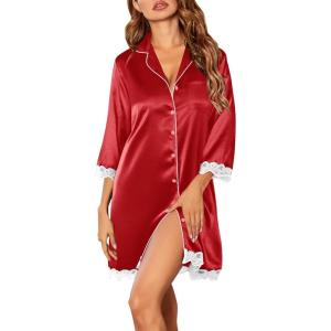imageEkouaer Satin Nightgowns for Women Button Down Sleepshirt 34 Sleeve Nightshirts Boyfriend SleepwearRed