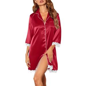 imageEkouaer Satin Nightgowns for Women Button Down Sleepshirt 34 Sleeve Nightshirts Boyfriend SleepwearWine Red