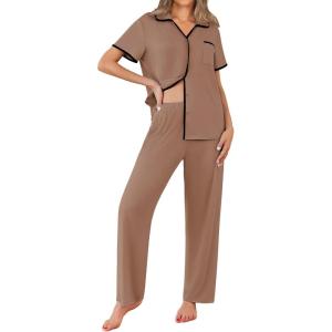 imageEkouaer Women Pajamas Set Button Down Notch Collar Soft Short Sleeve Pjs Set with Long Pant Set Lounge SetBrown