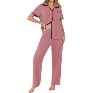 imageEkouaer Women Pajamas Set Button Down Notch Collar Soft Short Sleeve Pjs Set with Long Pant Set Lounge SetDark Pink