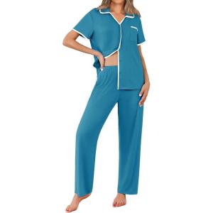 imageEkouaer Women Pajamas Set Button Down Notch Collar Soft Short Sleeve Pjs Set with Long Pant Set Lounge SetGreen