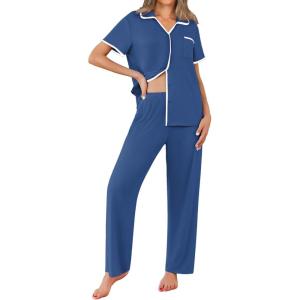 imageEkouaer Women Pajamas Set Button Down Notch Collar Soft Short Sleeve Pjs Set with Long Pant Set Lounge SetIndigo