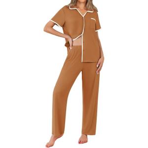 imageEkouaer Women Pajamas Set Button Down Notch Collar Soft Short Sleeve Pjs Set with Long Pant Set Lounge SetKhaki