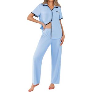 imageEkouaer Women Pajamas Set Button Down Notch Collar Soft Short Sleeve Pjs Set with Long Pant Set Lounge SetLight Blue