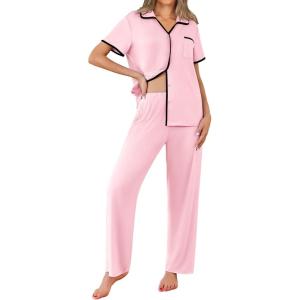 imageEkouaer Women Pajamas Set Button Down Notch Collar Soft Short Sleeve Pjs Set with Long Pant Set Lounge SetLight Pink