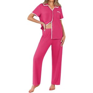 imageEkouaer Women Pajamas Set Button Down Notch Collar Soft Short Sleeve Pjs Set with Long Pant Set Lounge SetPink