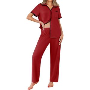 imageEkouaer Women Pajamas Set Button Down Notch Collar Soft Short Sleeve Pjs Set with Long Pant Set Lounge SetWine Red