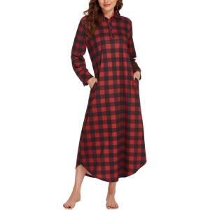 imageEkouaer Womens Cotton Nightgown Long Sleeve Plaid Sleep Shirts Button Down Sleepwear with PocketsBlack Red Plaid