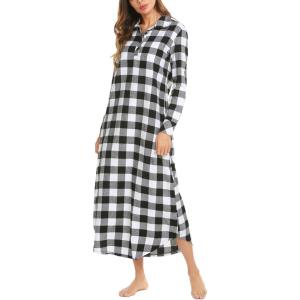 imageEkouaer Womens Cotton Nightgown Long Sleeve Plaid Sleep Shirts Button Down Sleepwear with PocketsBlack White Plaid