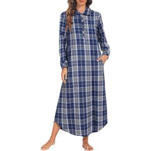 imageEkouaer Womens Cotton Nightgown Long Sleeve Plaid Sleep Shirts Button Down Sleepwear with PocketsBlue Gray Plaid