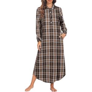imageEkouaer Womens Cotton Nightgown Long Sleeve Plaid Sleep Shirts Button Down Sleepwear with PocketsBrown Plaid