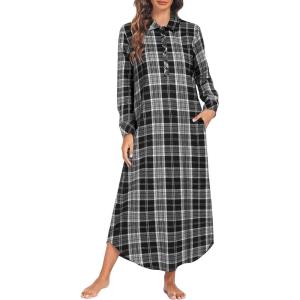 imageEkouaer Womens Cotton Nightgown Long Sleeve Plaid Sleep Shirts Button Down Sleepwear with PocketsGray Black Plaid