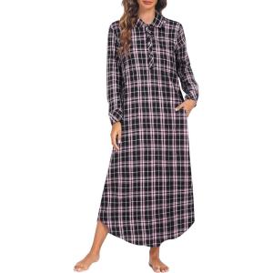 imageEkouaer Womens Cotton Nightgown Long Sleeve Plaid Sleep Shirts Button Down Sleepwear with PocketsPink Black Plaid