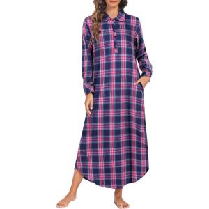imageEkouaer Womens Cotton Nightgown Long Sleeve Plaid Sleep Shirts Button Down Sleepwear with PocketsPink Blue Plaid