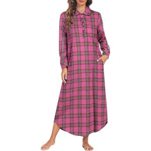 imageEkouaer Womens Cotton Nightgown Long Sleeve Plaid Sleep Shirts Button Down Sleepwear with PocketsPink Brown Plaid