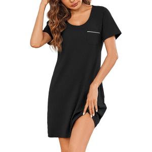 imageEkouaer Womens Nightgown Nightshirts Short Sleeve Sleepwear Round Neck Sleepshirt with Chest PocketBlack
