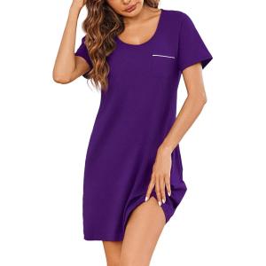 imageEkouaer Womens Nightgown Nightshirts Short Sleeve Sleepwear Round Neck Sleepshirt with Chest PocketPurple